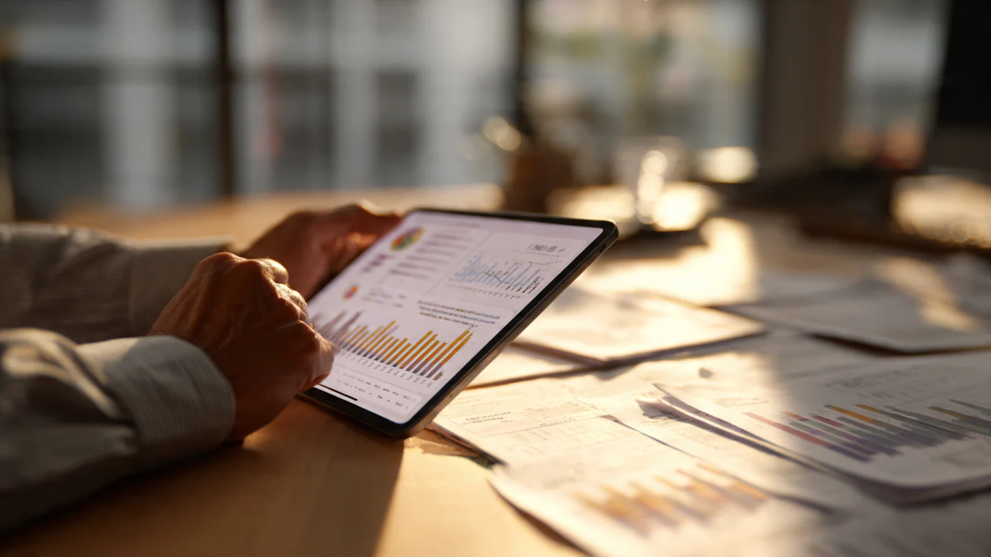 Person using a tablet to analyze colorful financial bar charts and data on a sunlit desk.