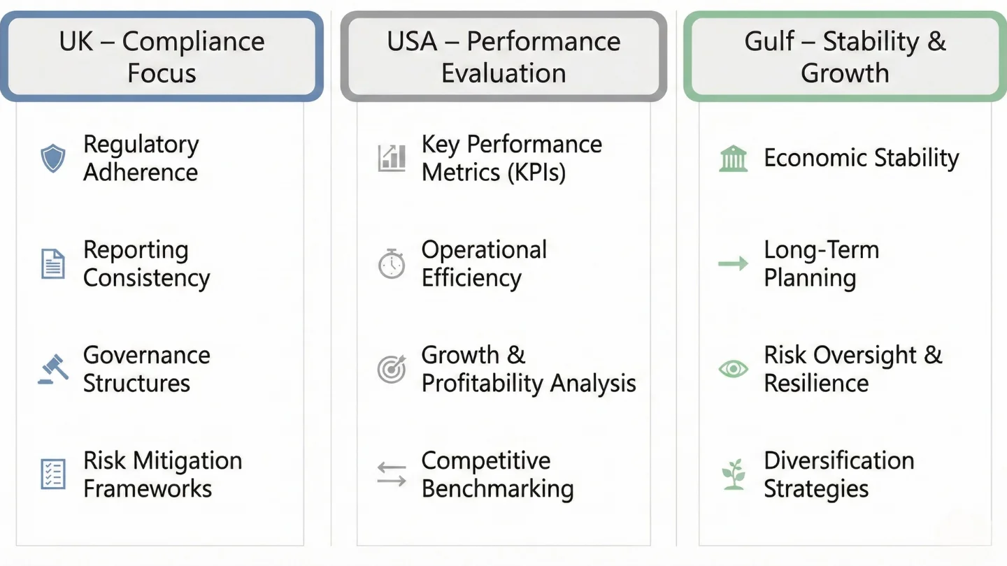 Infographic comparing financial report usage priorities in the UK, USA, and Gulf regions.