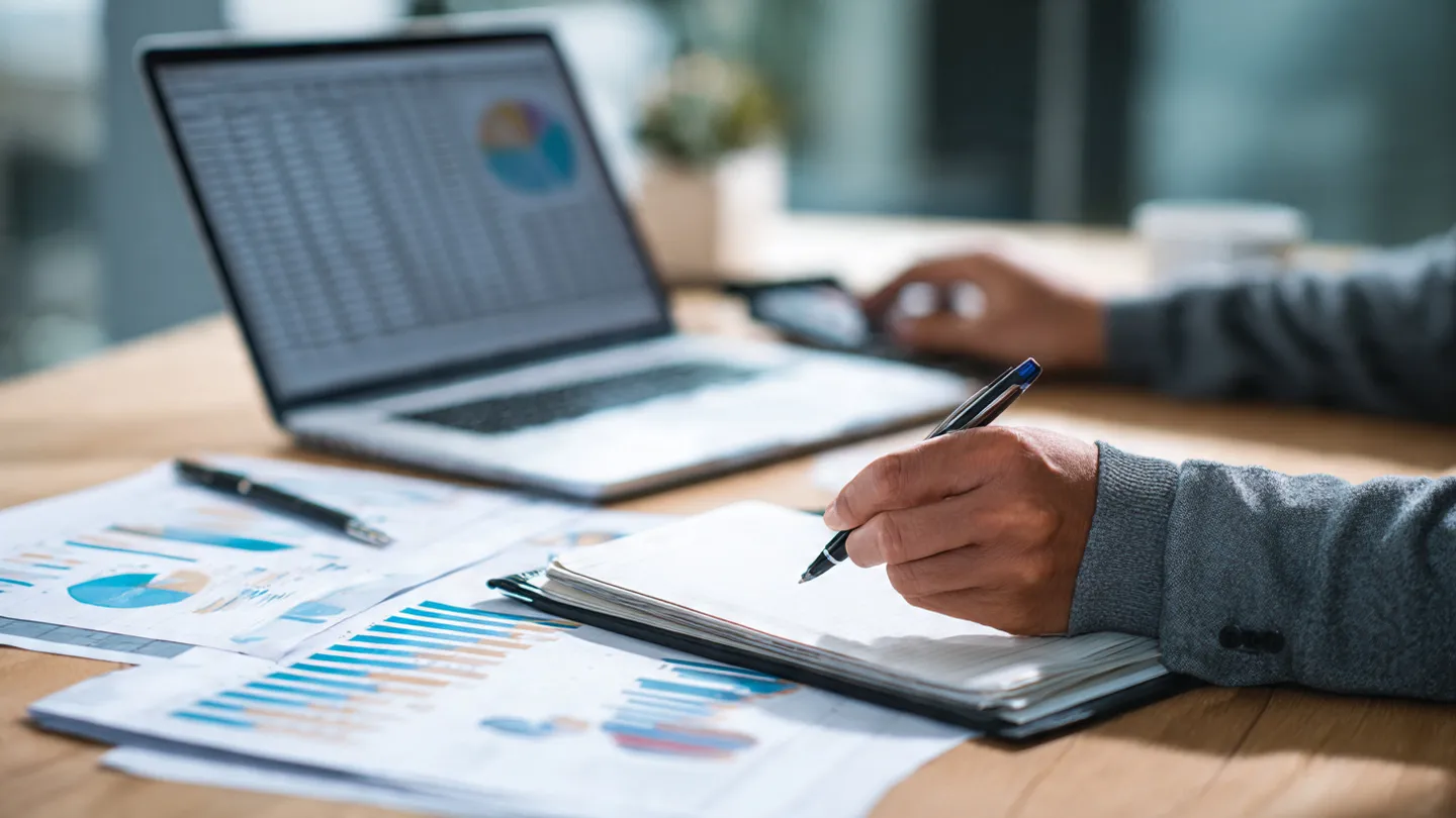 Professional uses a laptop and notebook to approach tax planning with detailed data analysis.