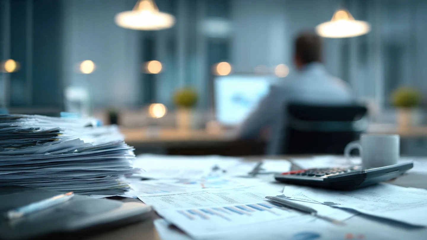 Large stack of paperwork and calculator on a desk with a blurred office background.