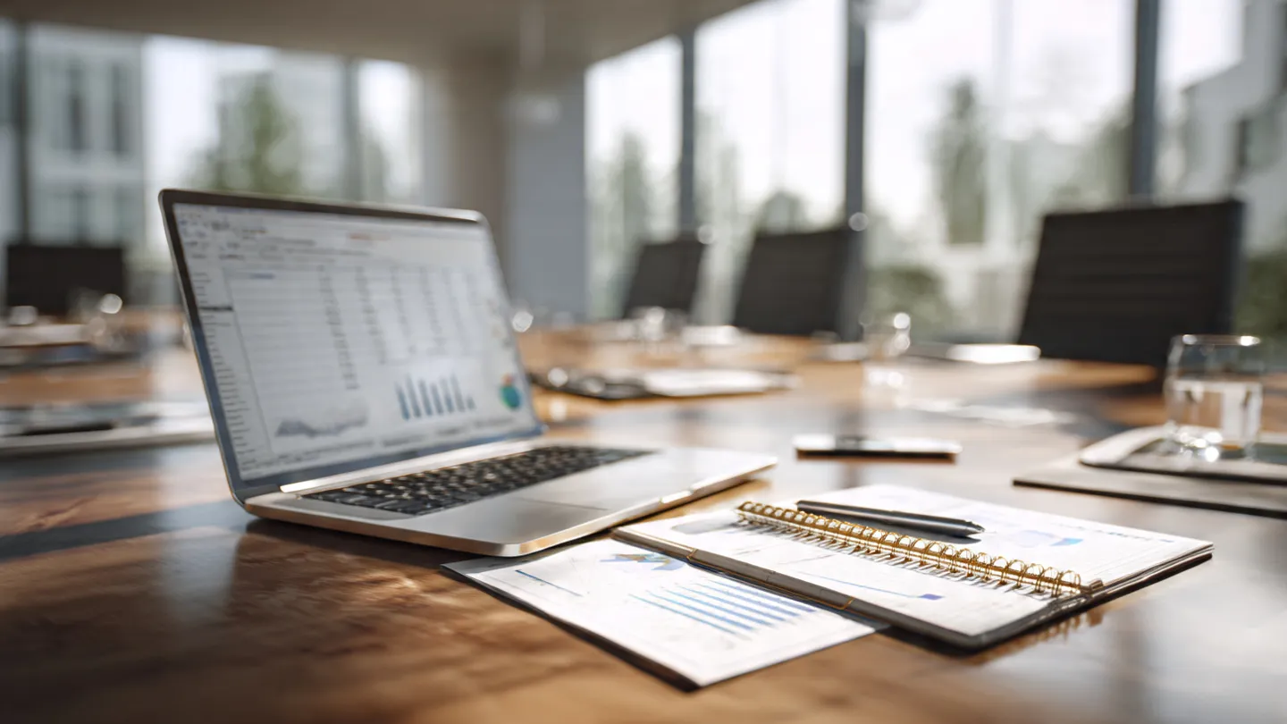 Office desk with laptop and data charts for planning short-term financial fixes.