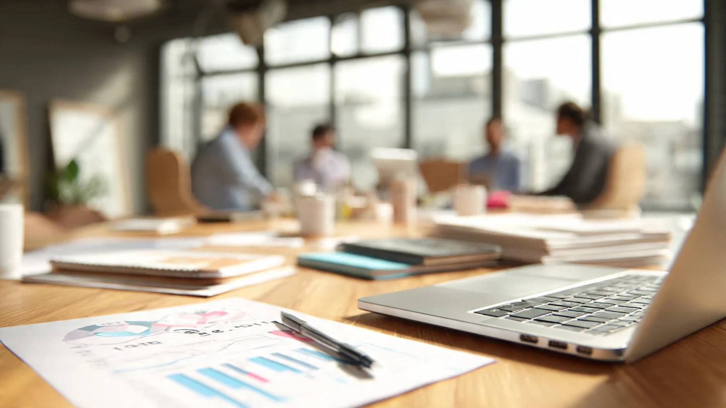 Blurred office team meeting behind a desk with financial charts and a laptop.
