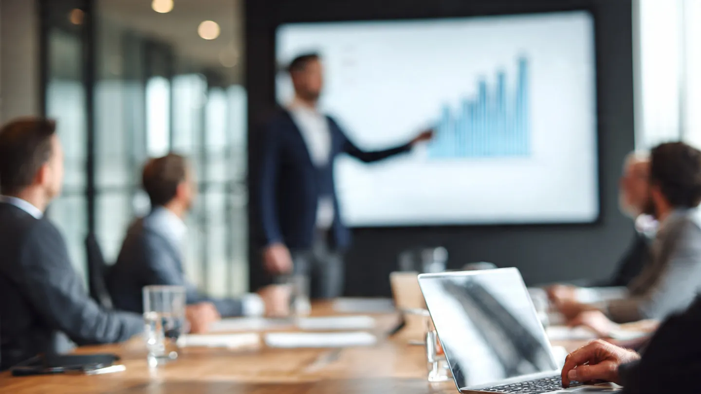 Business team in a meeting viewing a presentation on how minor reporting gaps grow.